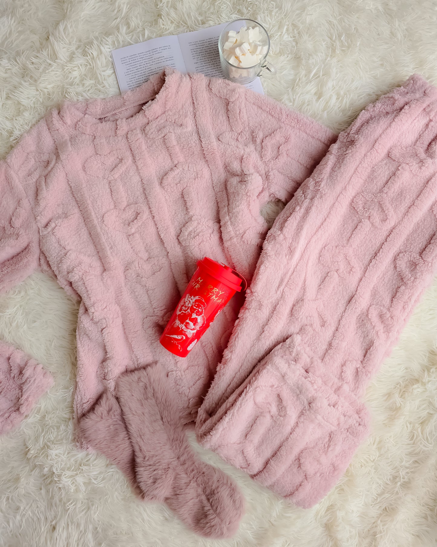 PIJAMA CORAÇÃO ROSA + meias + copo de Natal
