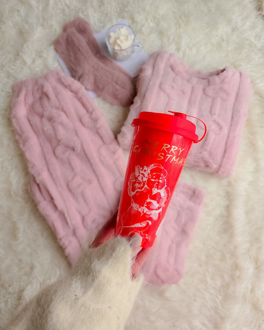 PIJAMA CORAÇÃO ROSA + meias + copo de Natal