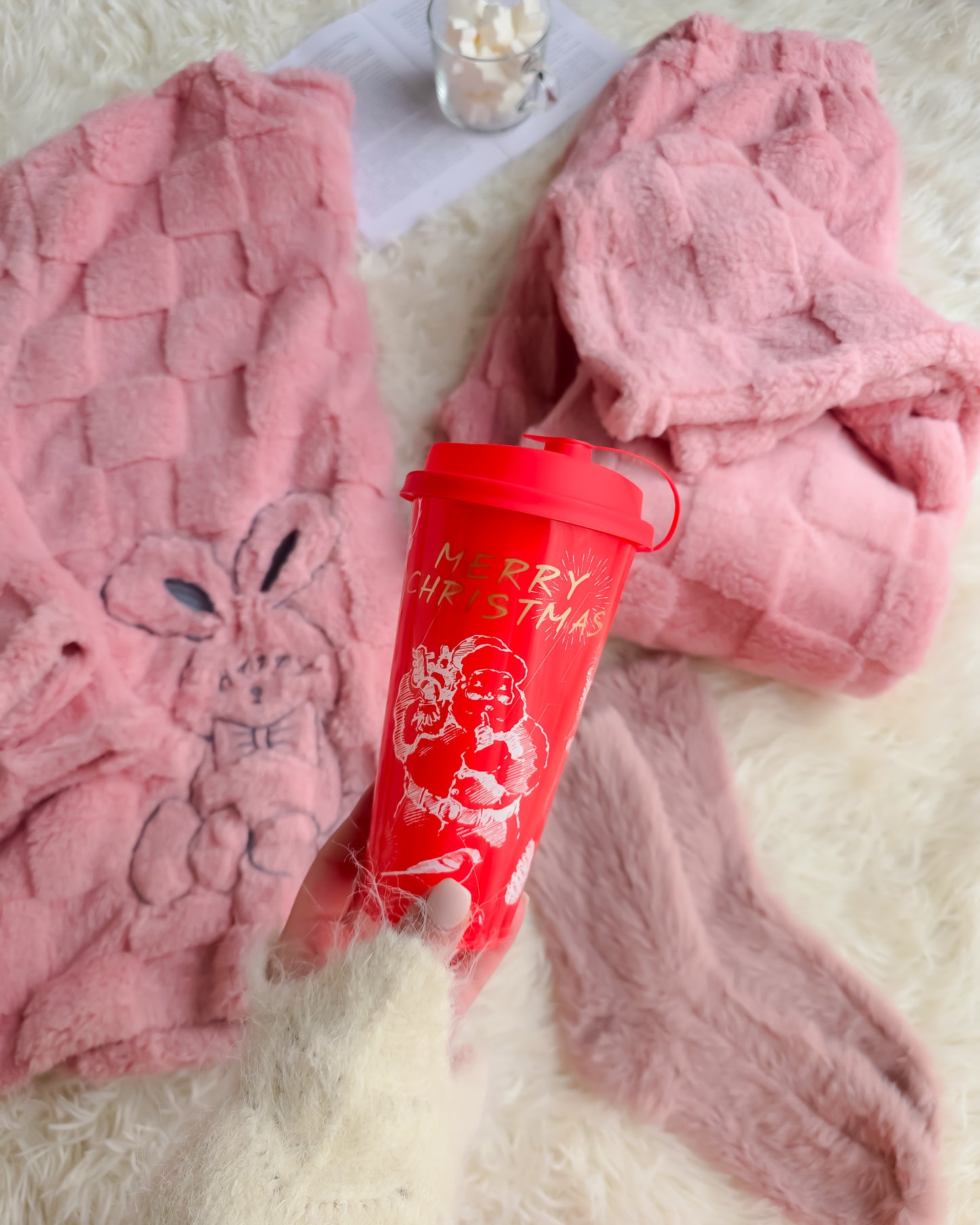 PIJAMA COELHO ROSA + meias + copo de Natal